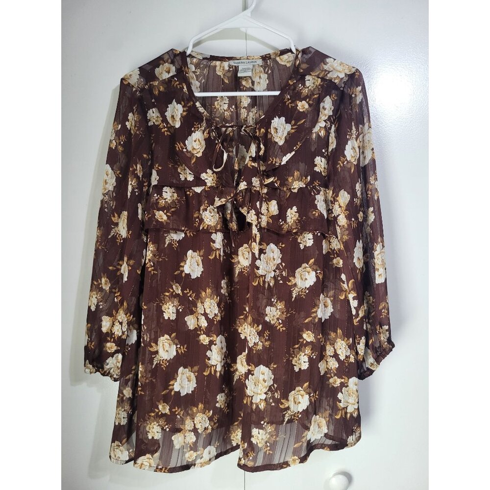 Sabrina Lauren XL Brown Gold Floral Ruffle Boho Festival Top Fairy Whimsy Sheer - Picture 1 of 9